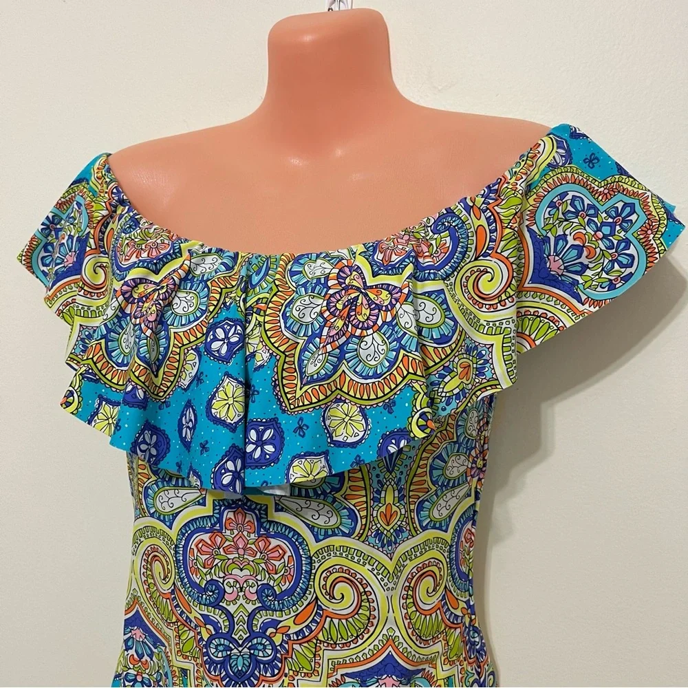 Like New Trina Turk Off Shoulder Ruffle Bandeau One Piece Swimsuit Resortwear